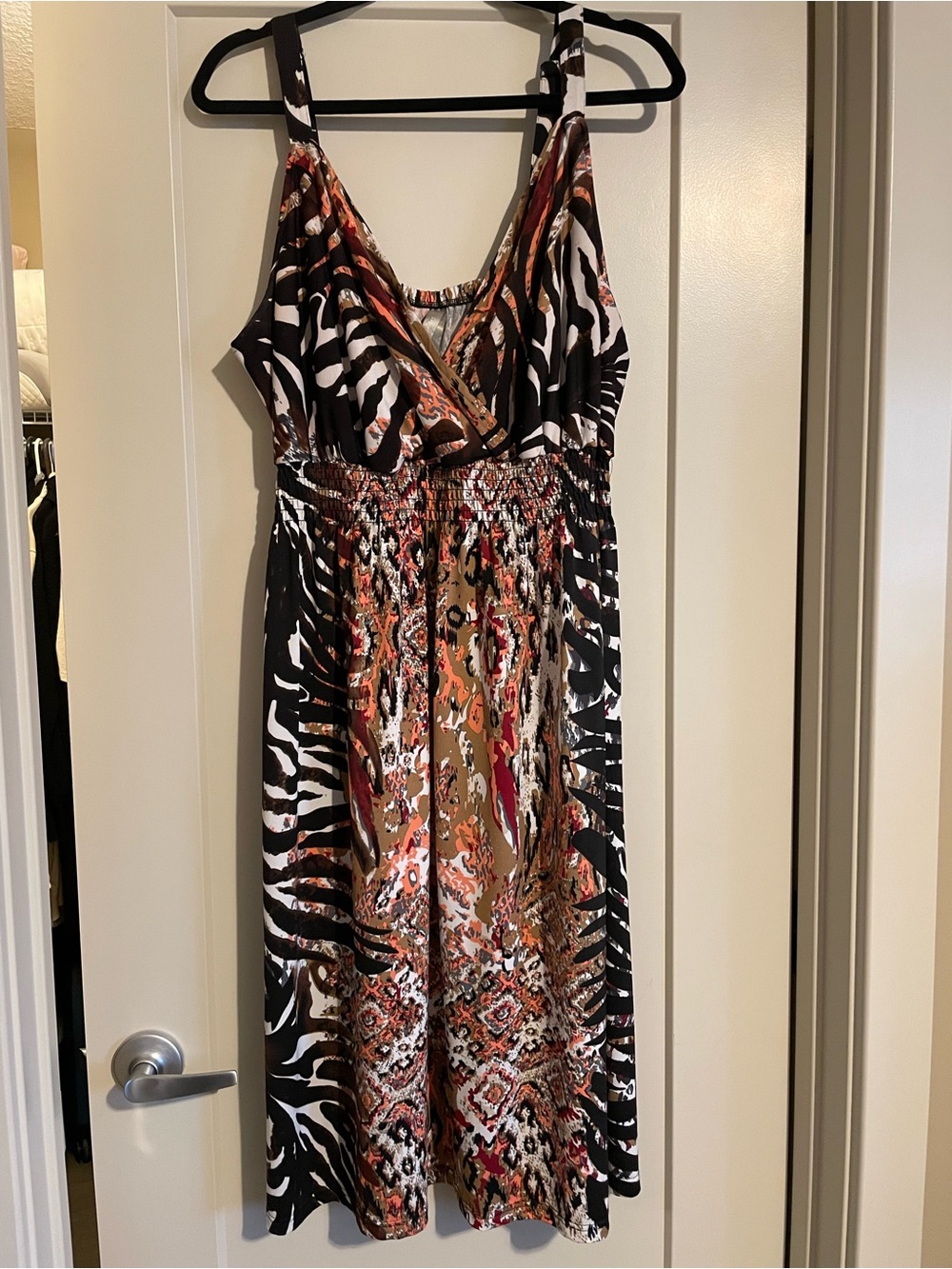 Penningtons Mixed-Print Sleeveless Midi Dress in Black, Rust and Tan